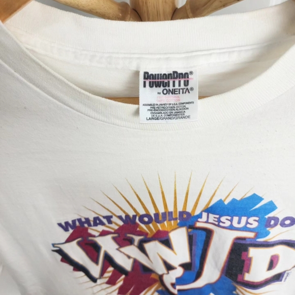 Vintage WWJD Jesus Religious Oneita Tag 1996 Size L* White Graphic Tshirt - Picture 3 of 7